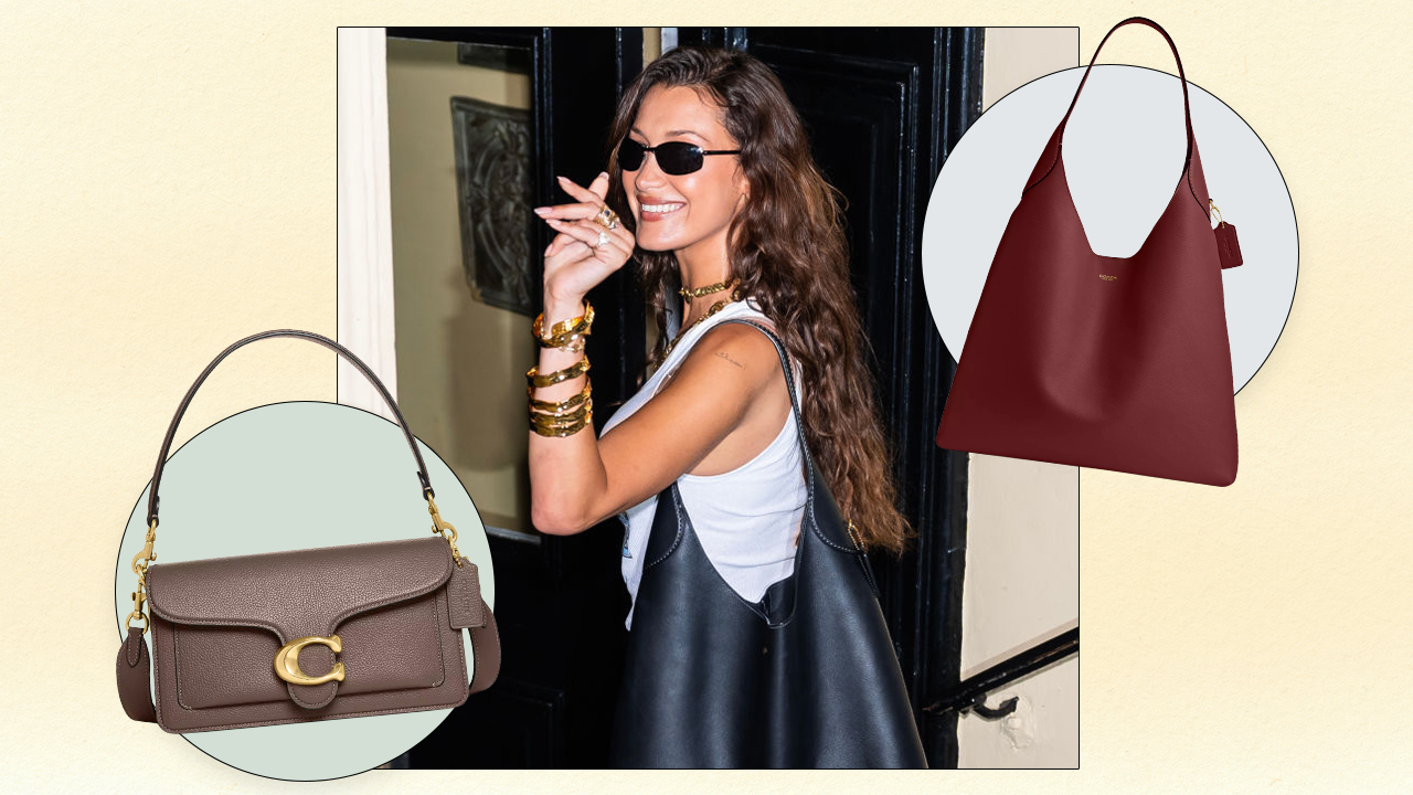 Left to Right: Coach Tabby Shoulder Bag 26 in Dark Stone; Bella Hadid wearing sunglasses, a white tank top, gold jewelry, and Coach's Brooklyn Shoulder Bag 39 in Black; Coach Brooklyn Shoulder Bag 39 in Dark Ruby.